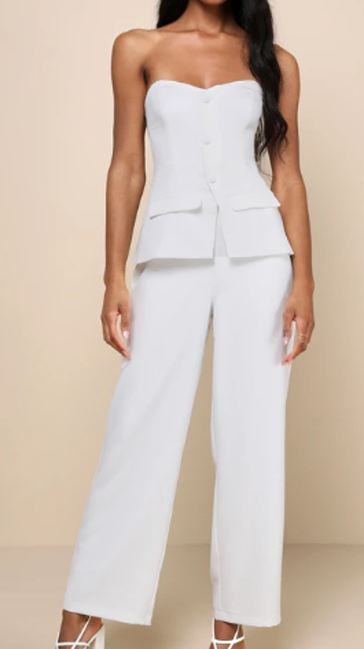 LULU'S L Sophisticated Angel White Strapless Vest Straight Leg Jumpsuit NEW B46